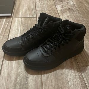 Adidas black high tops. Worn once. Size 10 women.